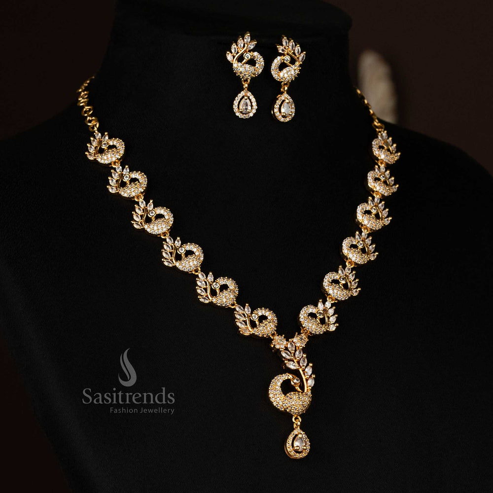 Elegant white-studded peacock necklace with American diamonds - Sasitrends