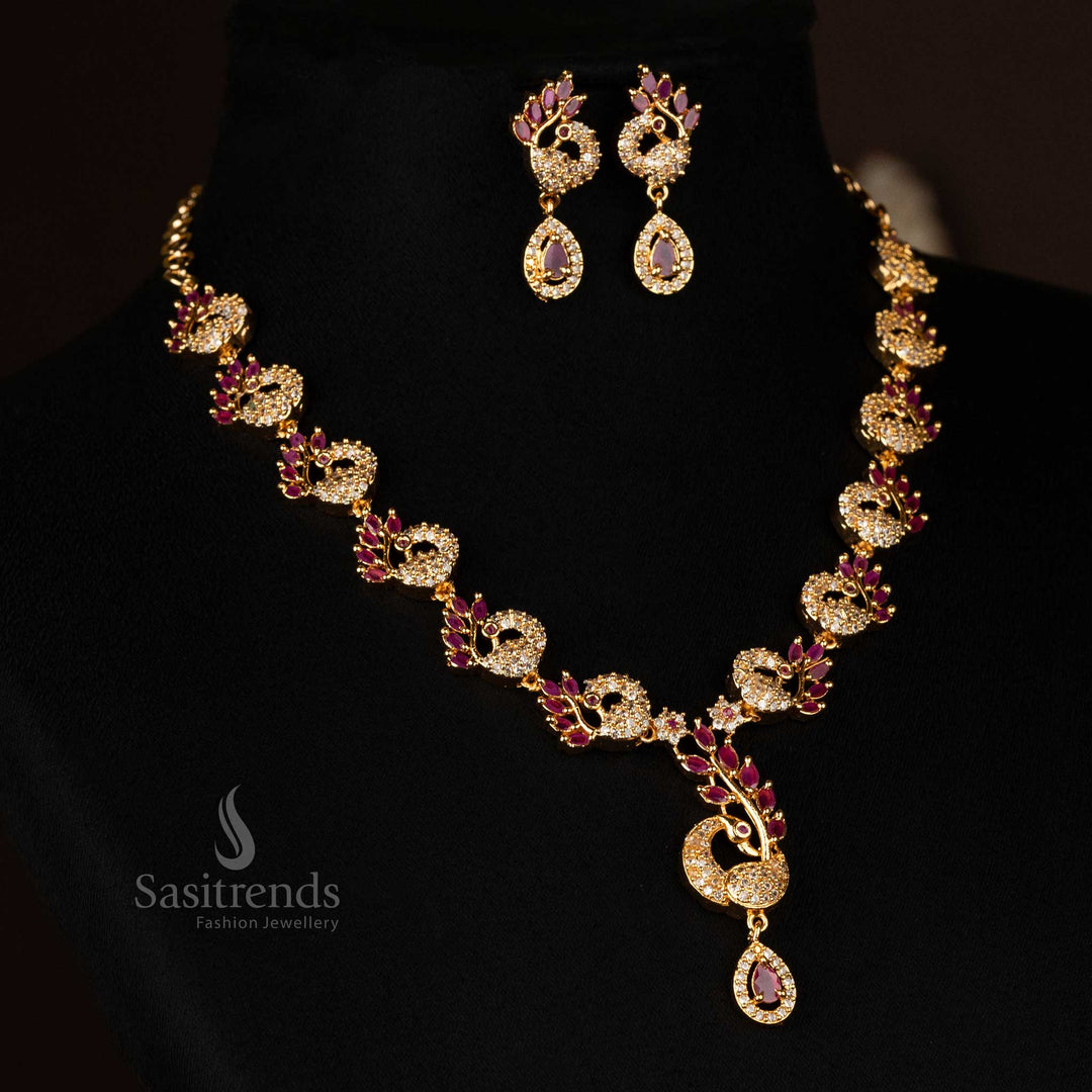 Enchanting micro gold-plated cascading peacock jewelry set with white and ruby stones - Sasitrends