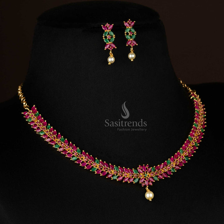 Elegant ruby and green stone floral leaf jewelry set for women - Sasitrends