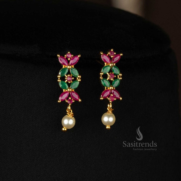 Micro gold-plated floral leaf Earrings set with ruby-green AD stones - Sasitrends