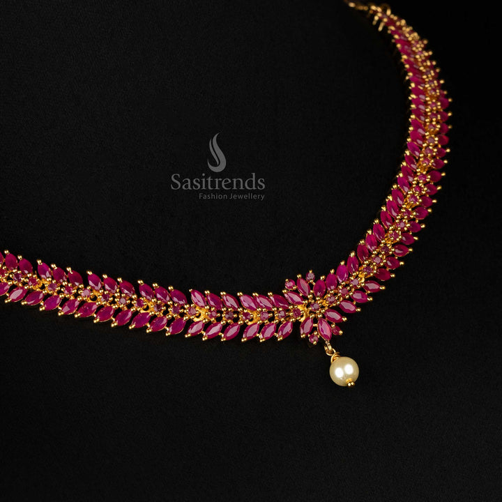 Party wear ruby AD stone jewelry set with floral and leaf design - Sasitrends