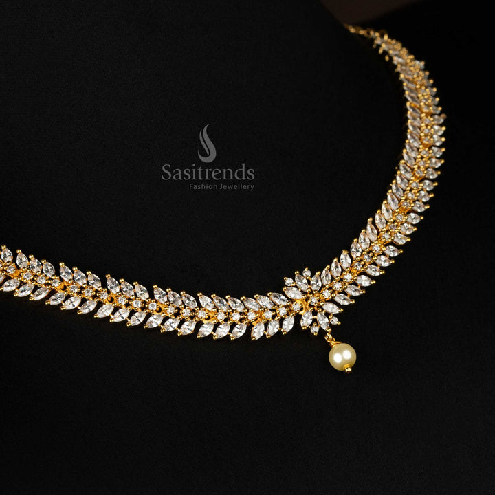 Elegant floral leaf necklace with sparkling white stones - Sasitrends