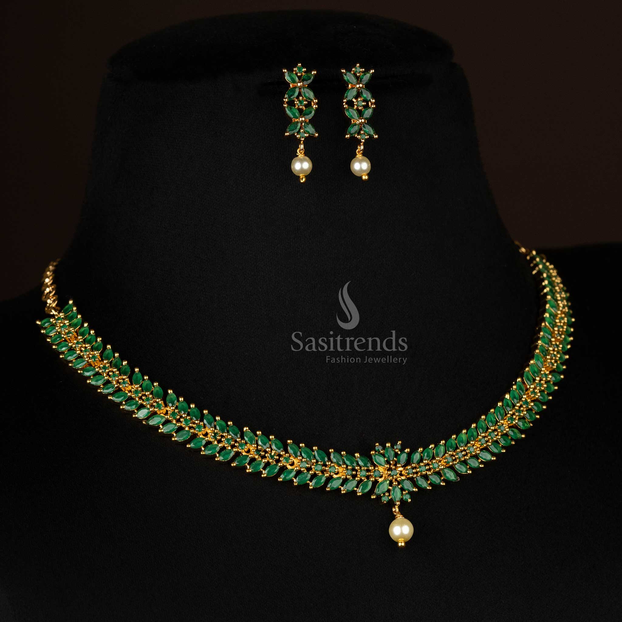 Party wear green floral leaf necklace with gold-plated accents - Sasitrends