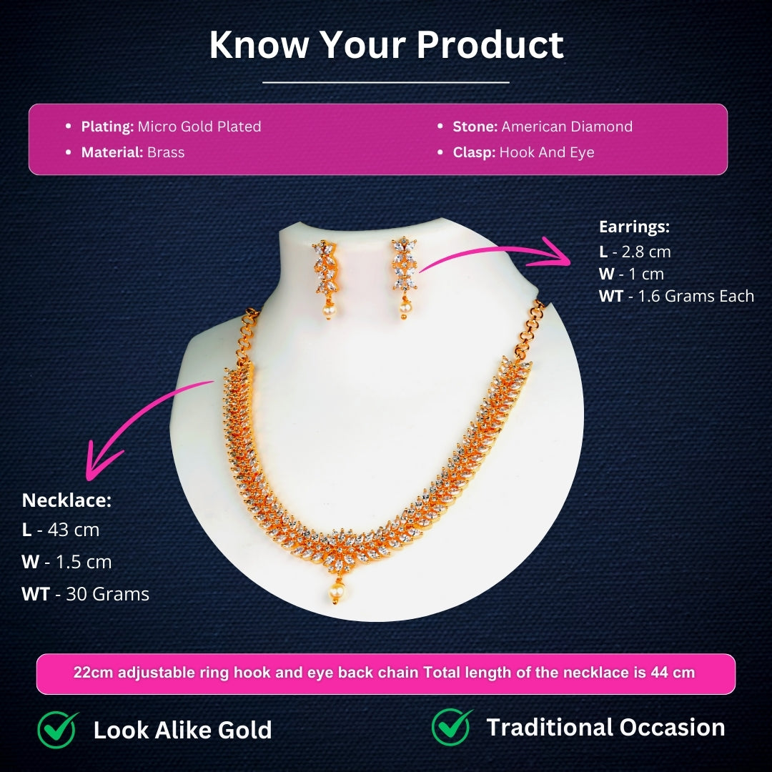 Micro gold plated american diamond necklace measurement image - Sasitrends