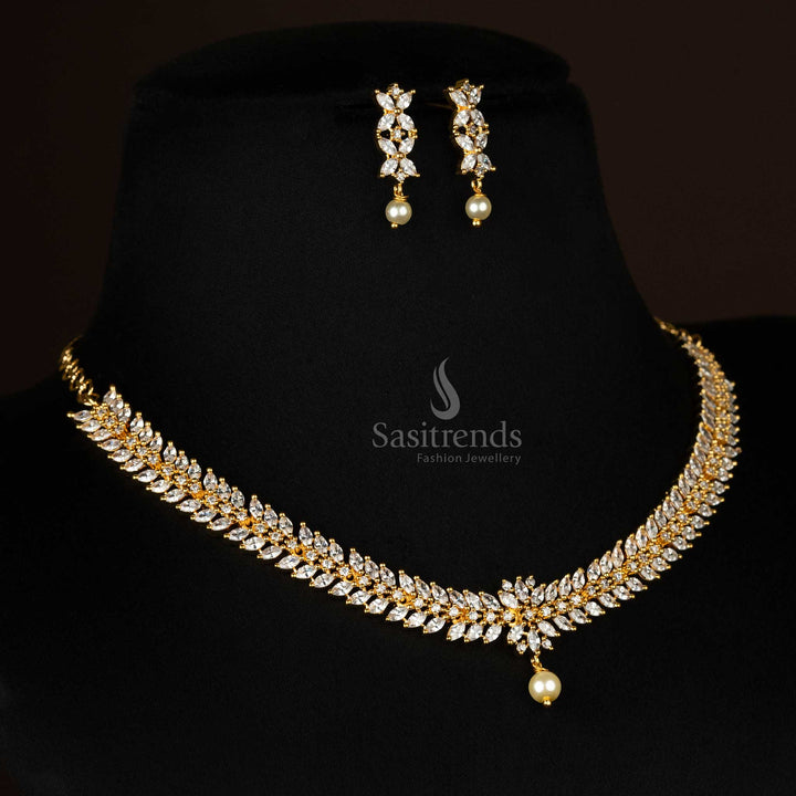 Trendy traditional micro gold-plated floral leaf jewelry set with white AD stones - Sasitrends