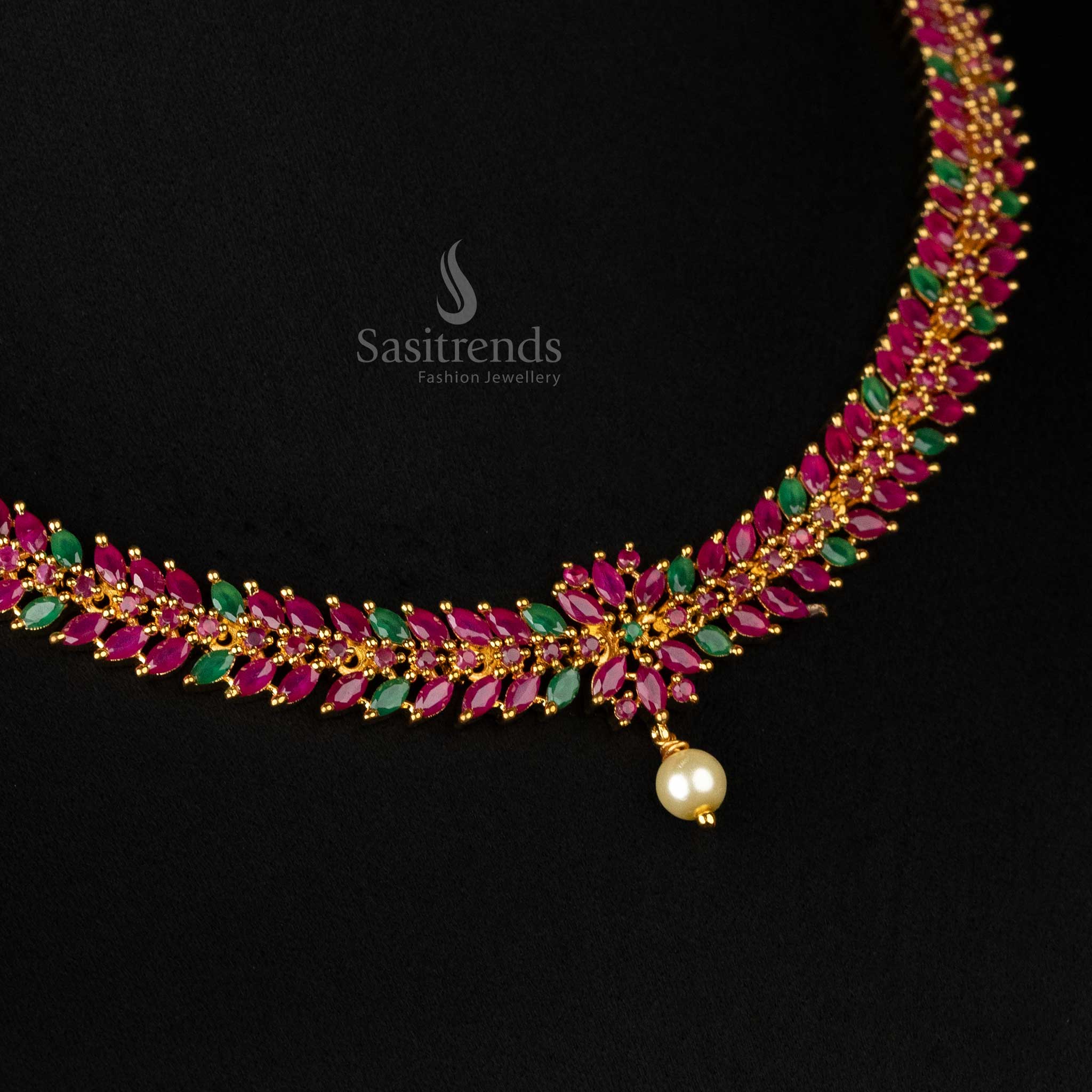 Traditional ruby-green floral leaf necklace for party wear - Sasitrends