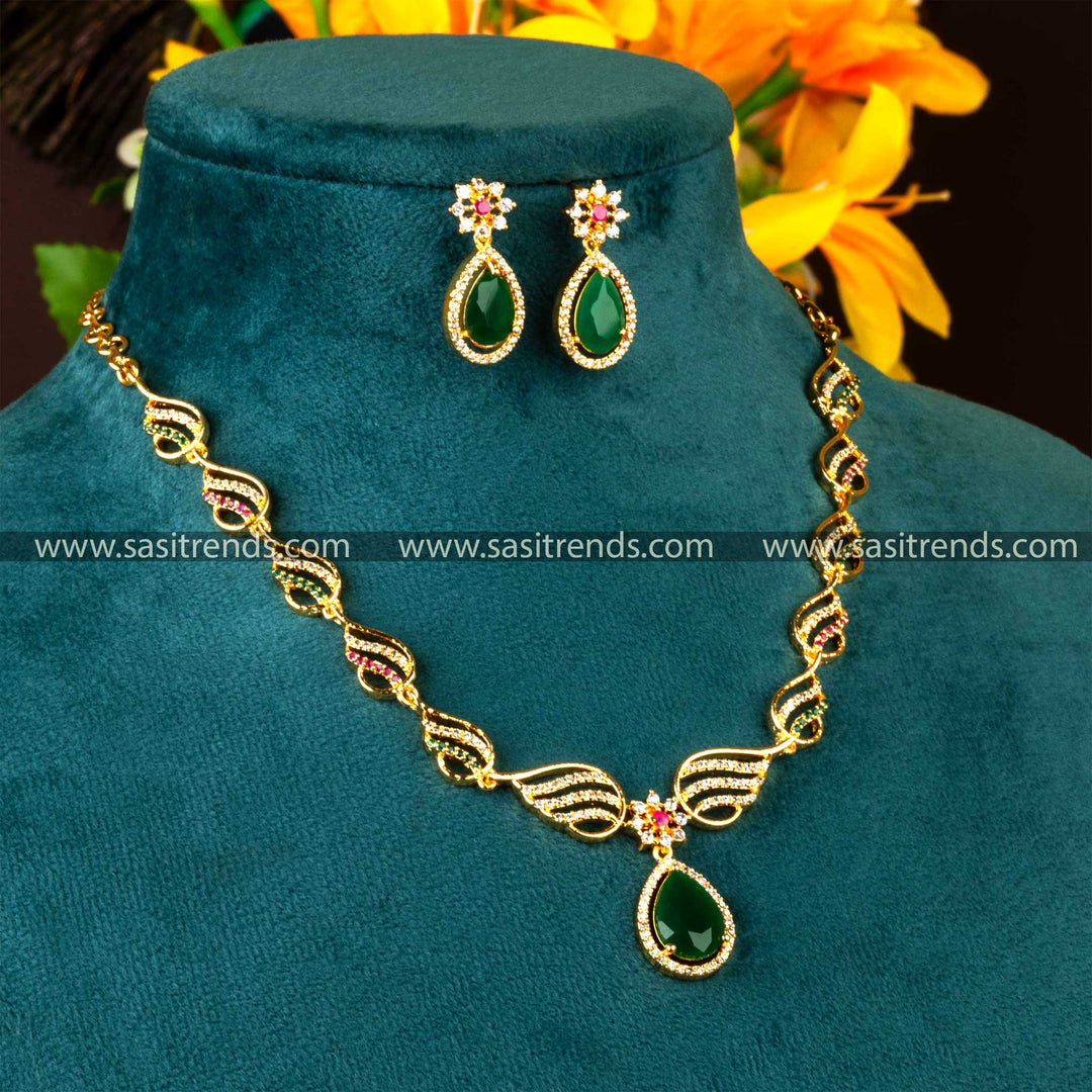 Traditional Wear Micro Gold Plated Multi AD Stone Necklace Earrings Jewellery Set