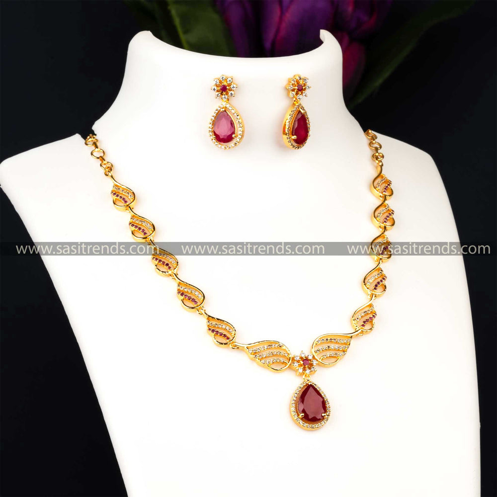 Traditional Micro Gold Plated Guaranteed One Gram Look Alike Real Gold White Ruby AD Stone Studded Necklace With Earrings Jewellery Set 