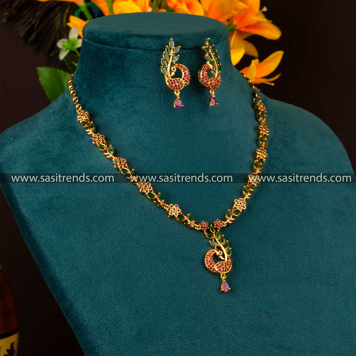 Sasitrends - Stunning Peacock Design American Diamond Micro Gold Plated Jewellery Set