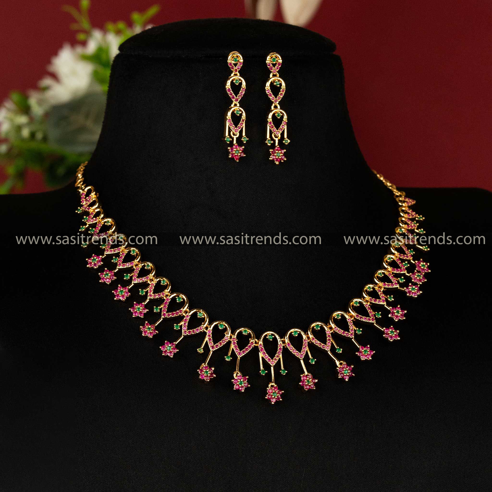 One gram micro gold plated floral loop jewellery set with ruby-green stones Sasitrends Online Shopping