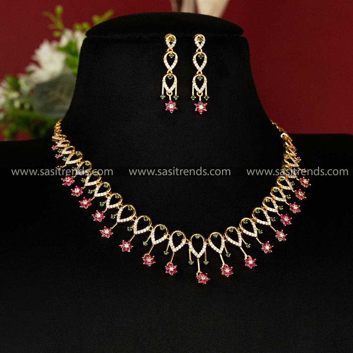 One gram micro gold plated floral loop jewellery set with multi-colored stones