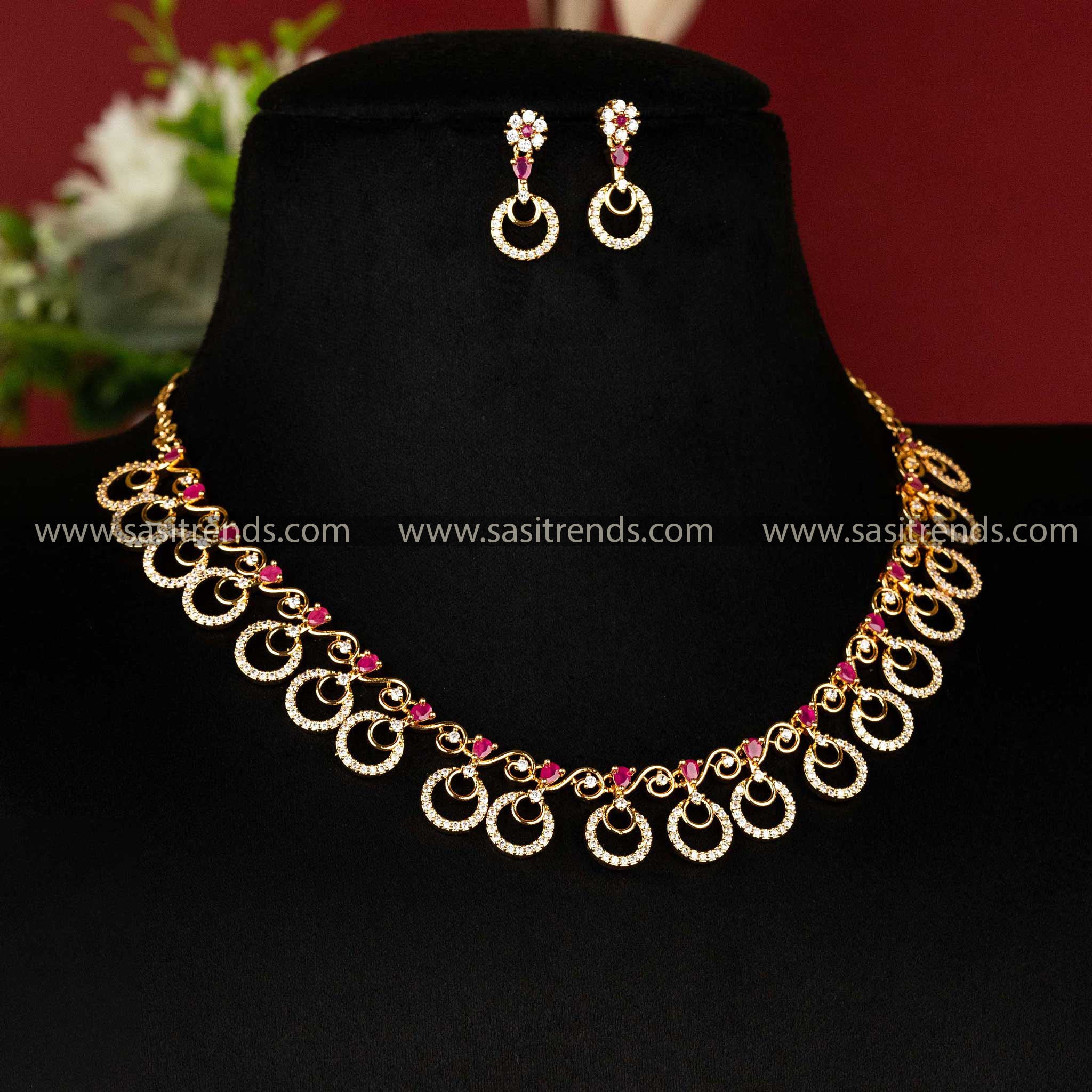 One-gram micro gold plated circular pattern jewellery set with white and ruby stones Sasitrends Online Shopping