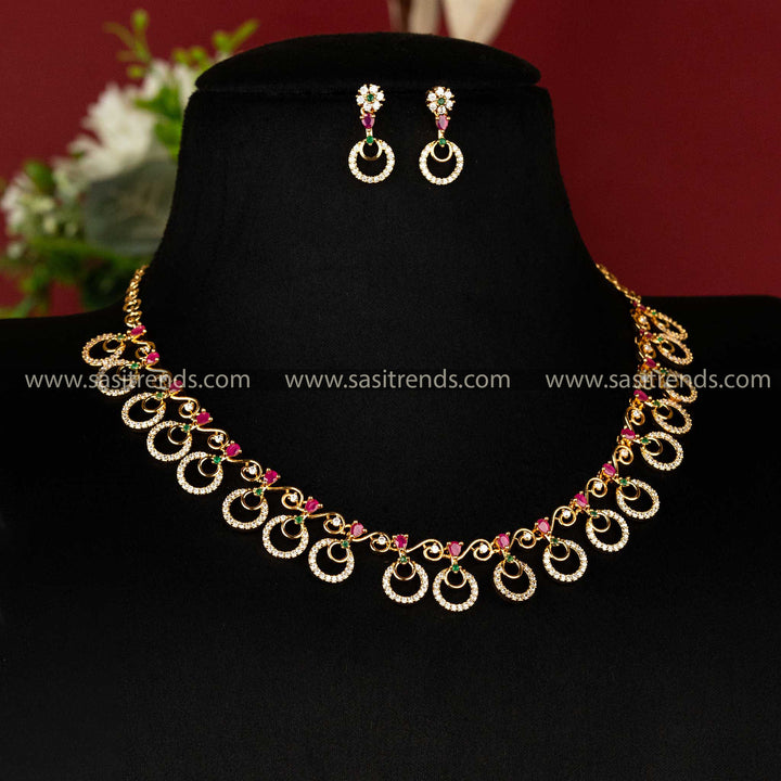 One-gram micro gold-plated circular pattern jewellery set with multi-coloured stones