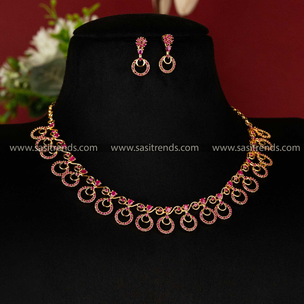 One-gram micro gold plated circular pattern jewellery set with ruby stones