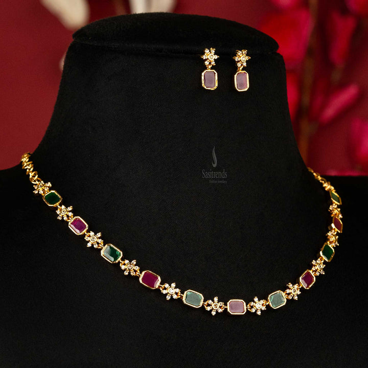 Luxurious Multi-Color Stone American Diamond Jewellery and Earrings Set