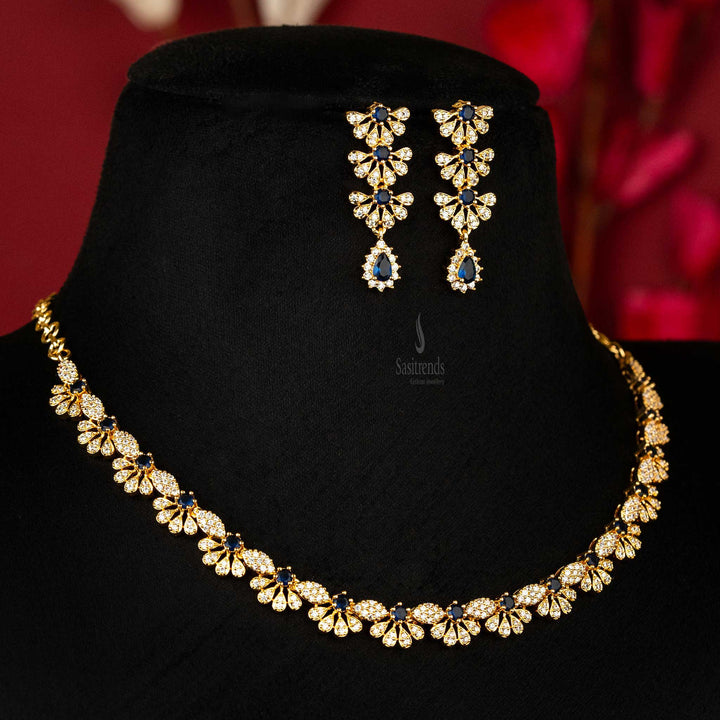 Guaranteed Micro Gold Plated Blue American Diamond Stone Studded Floral Design Jewellery Set