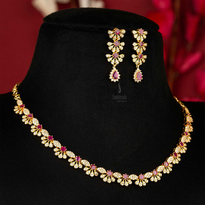 Luxurious One Gram Gold Plated Ruby AD Stone Stud Jewellery Set With Elegant Earrings