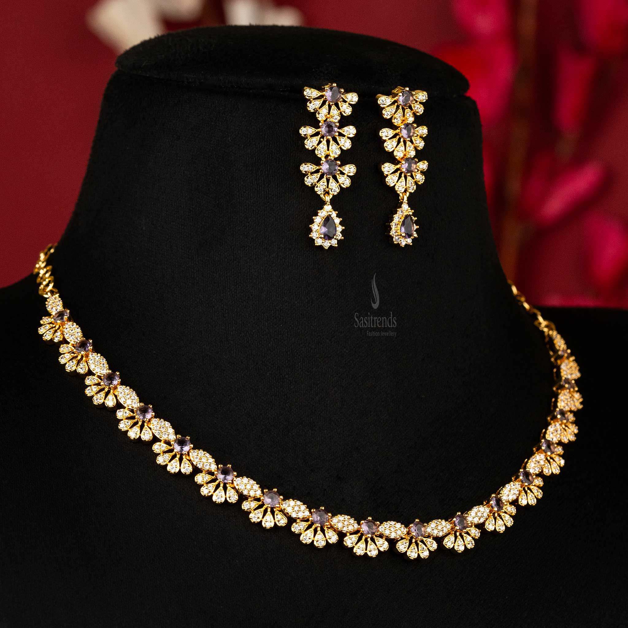 Traditional Guaranteed One Gram Gold Plated Purple AD Stone Floral Designer Jewellery Set