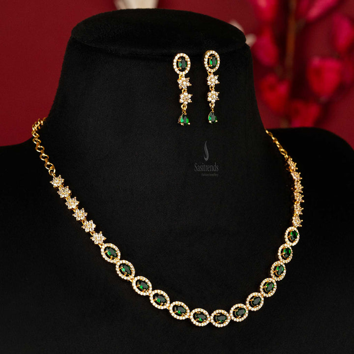 Stylish Green Jewellery Set with Flower and Oval American Diamond Stones