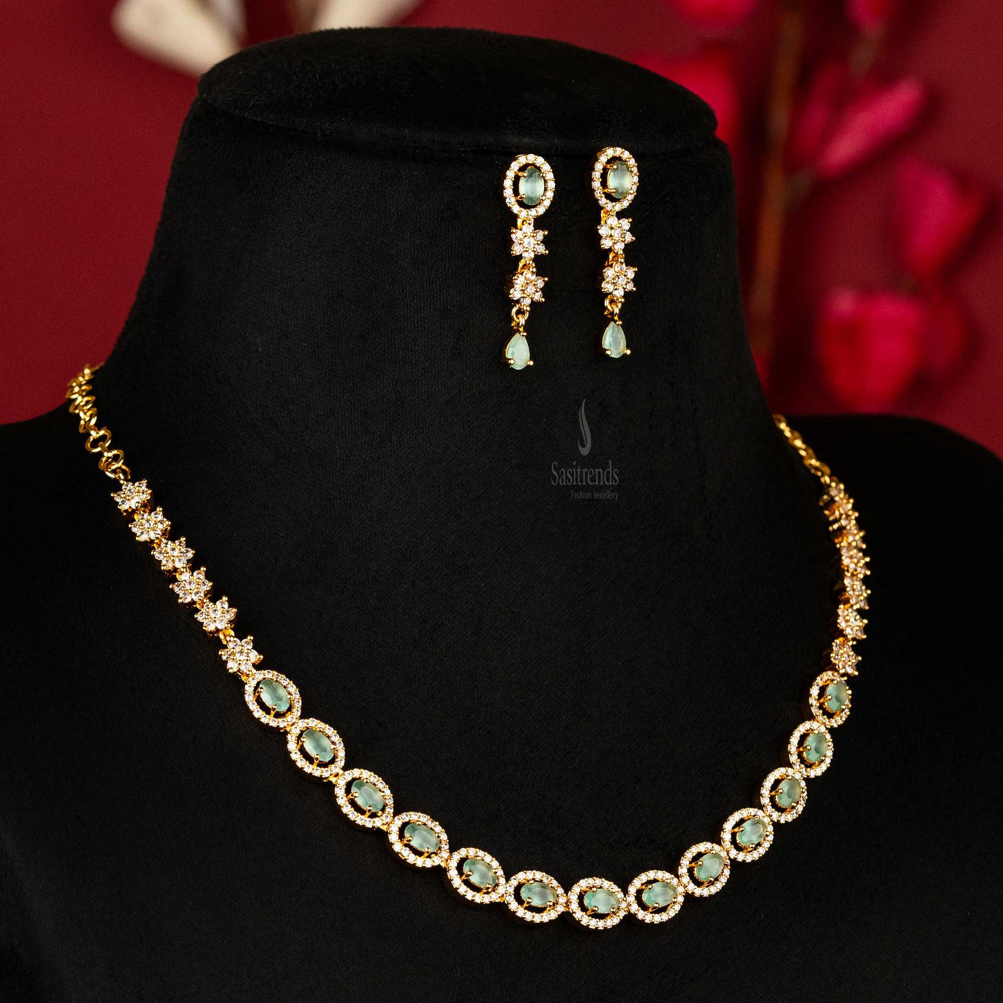 Elegant Mint Jewellery Set with Flower and Oval American Diamond Stones