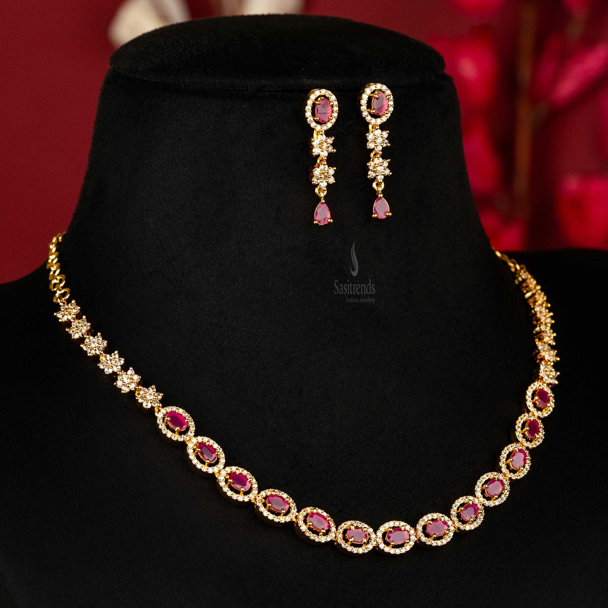 Micro Gold Plated Jewellery Set with Ruby Flower and Oval Stones