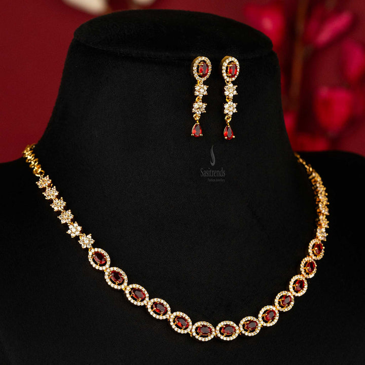 Micro Gold Plated Jewellery Set with Red Flower and Oval American Diamond Stones