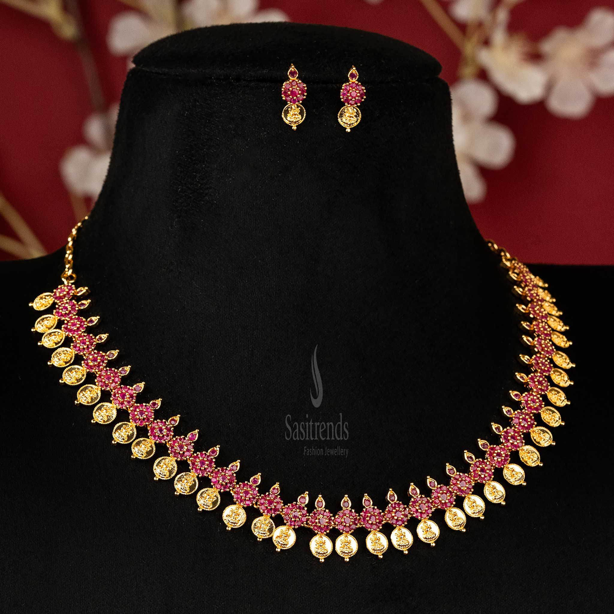 Luxurious Ruby Lakshmi Coin Jewellery Set with micro gold plating and AD stones