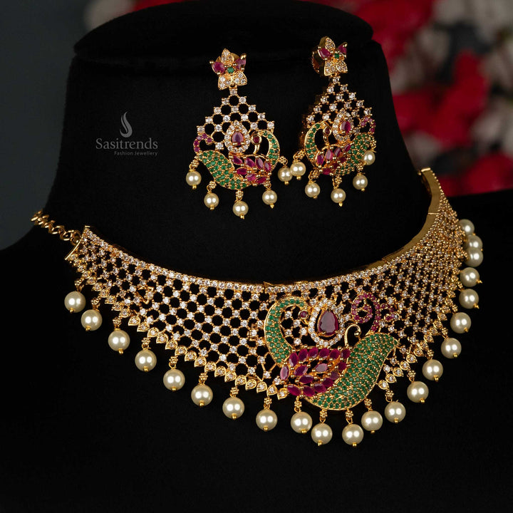 Trendy Micro Gold Plated Peacock Motif Bridal Choker Jewellery Set with American Diamond Stones