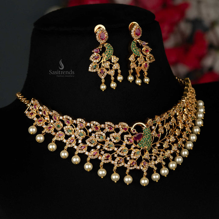 Elegant Micro Gold Plated American Diamond Beautiful Peacock Motif Choker Set - Sasitrends