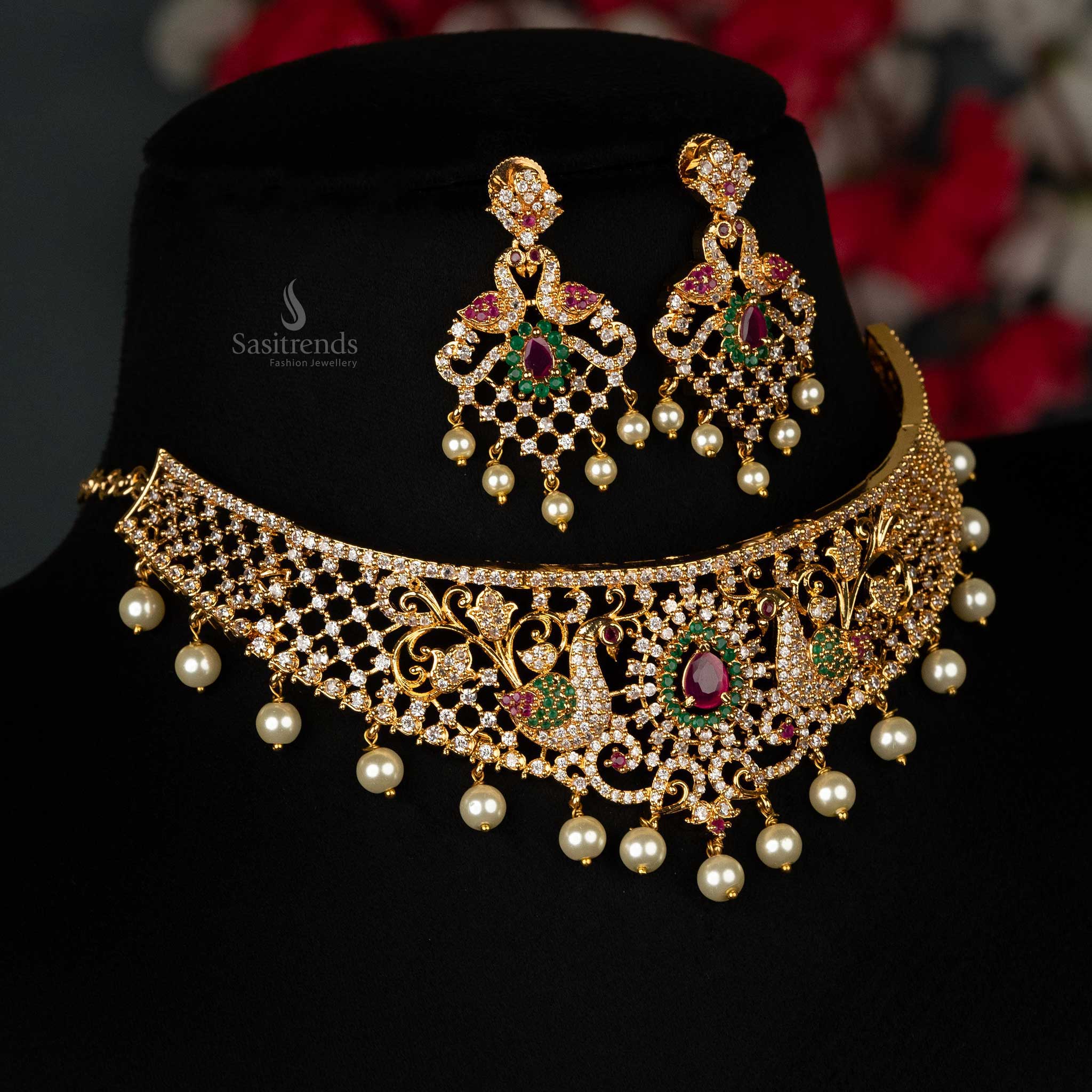 New Micro Gold Plated American Diamond Peacock Motif Wedding Choker Set - Sasitrends