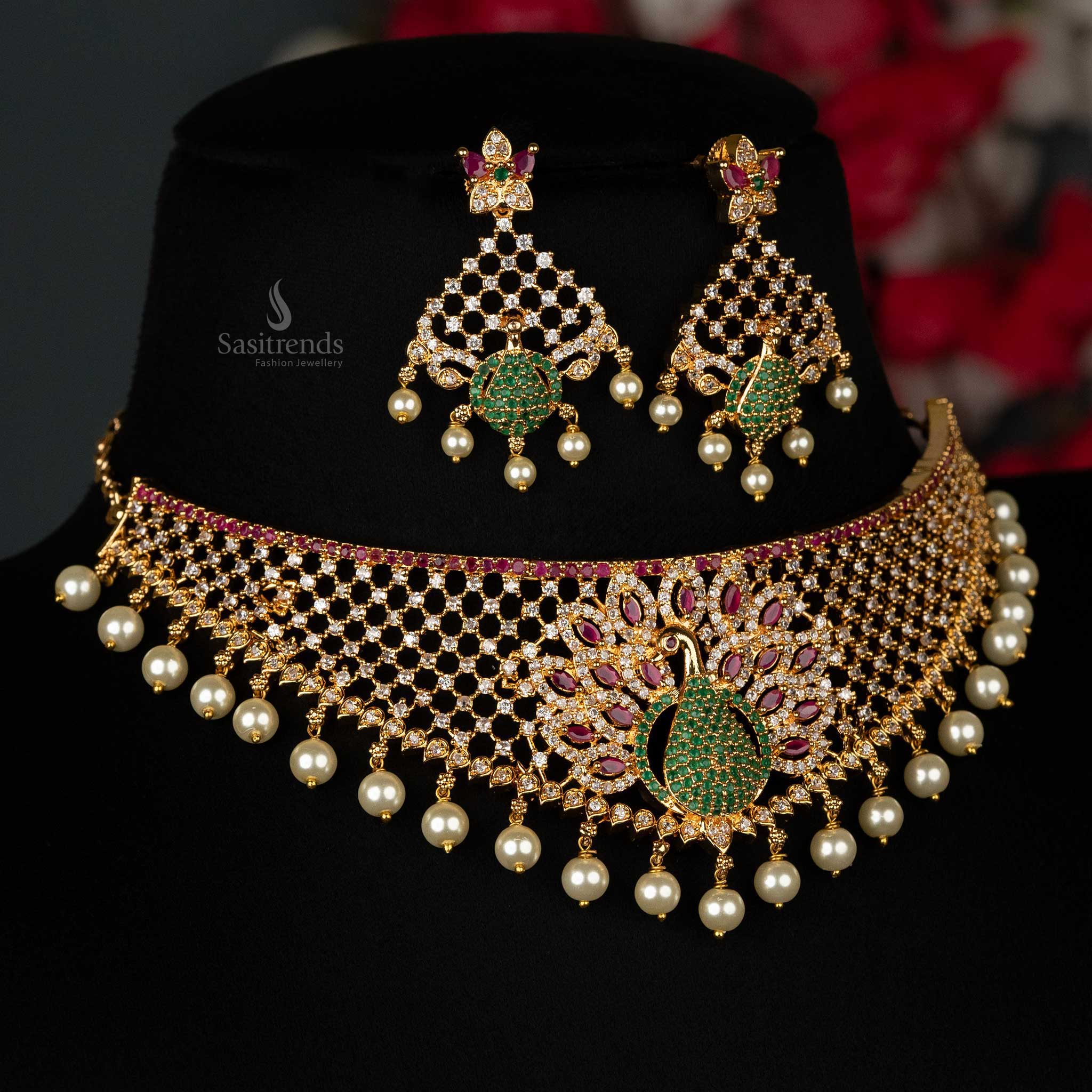 Trendy Micro Gold Plated American Diamond Peacock Motif Pearl Choker Set - Sasitrends