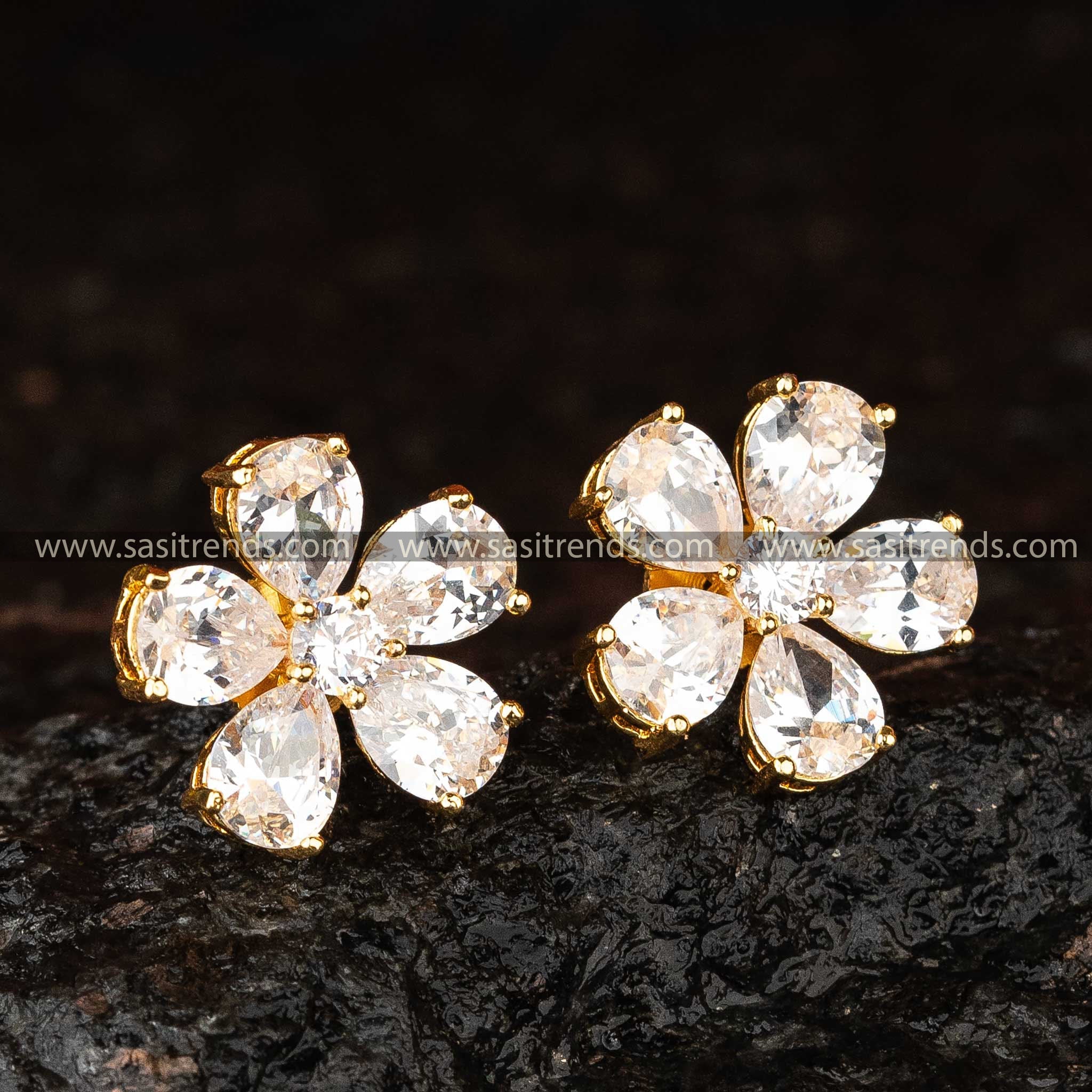 Classic White Flower Earrings with American Diamonds - Timeless Elegance