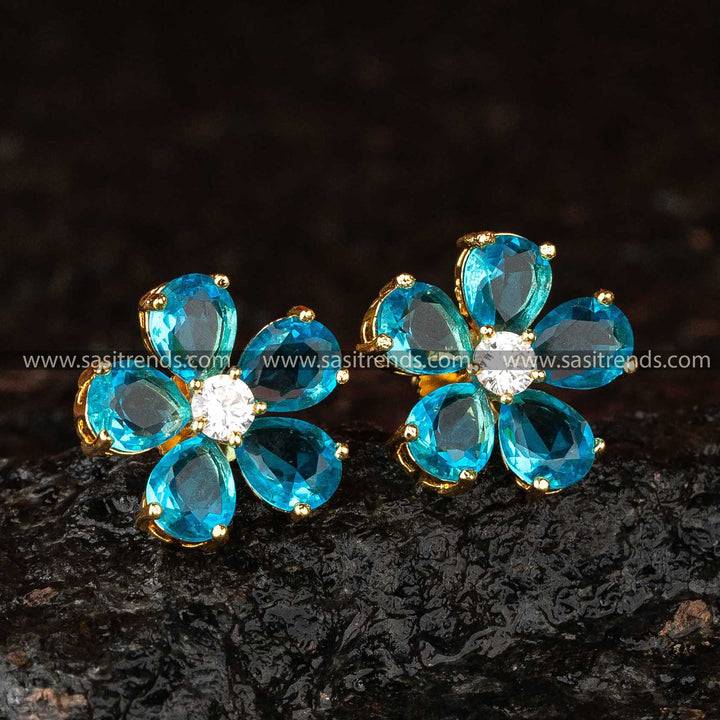 Ocean Blue Flower Earrings with American Diamonds - Gold Plated