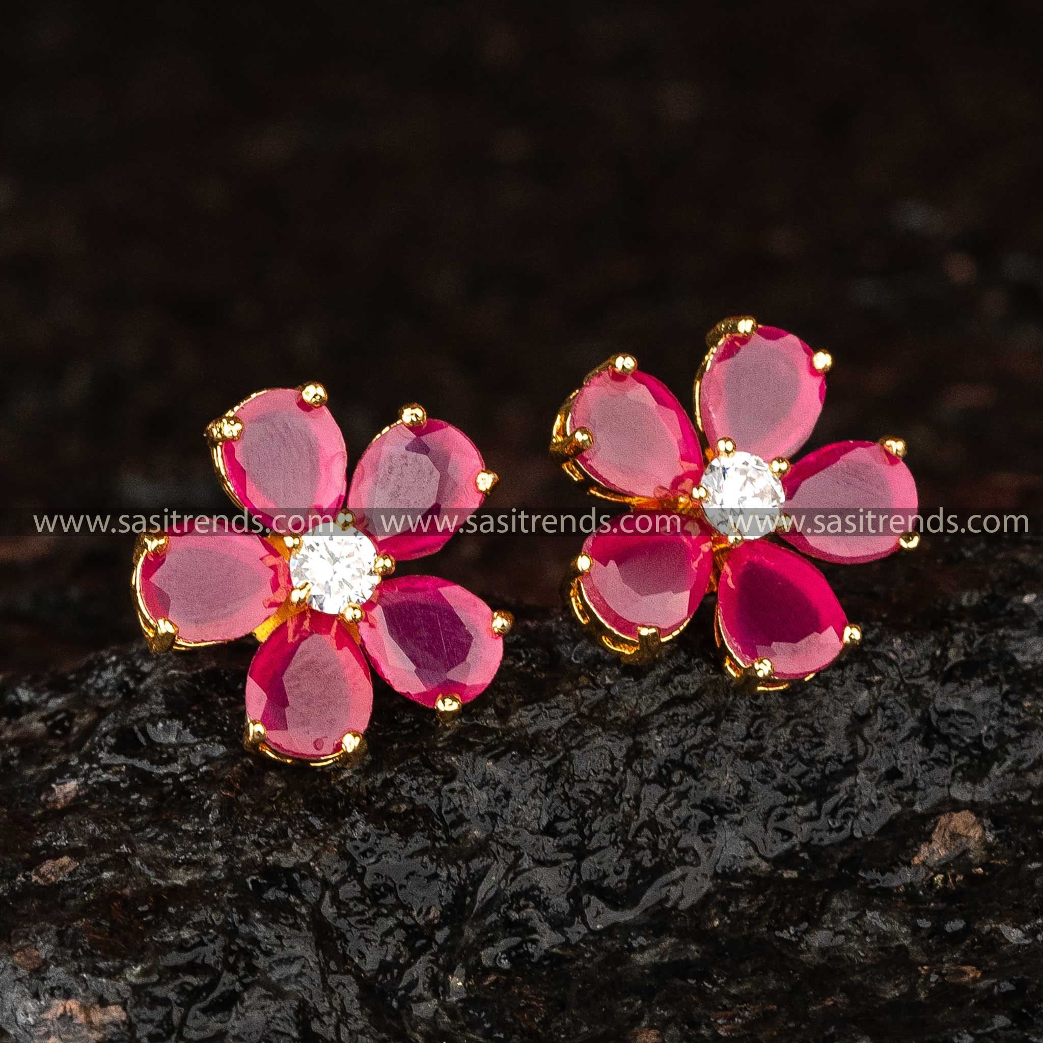 Vibrant Ruby Flower Earrings with American Diamonds - Gold Plated