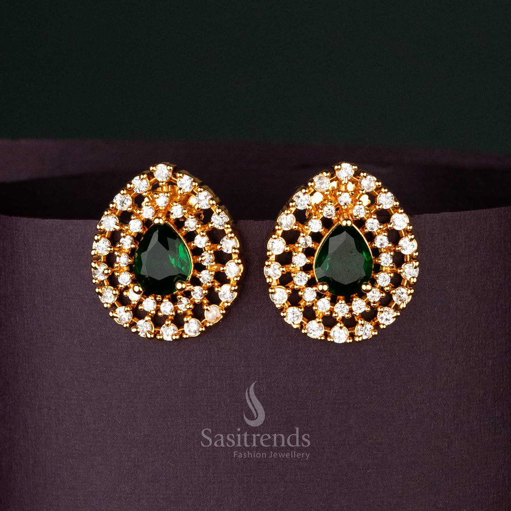 Elegant Gold-Plated American Diamond Teardrop Earrings with Green Stones, a Stunning Accessory for Party Wear - Sasitrends