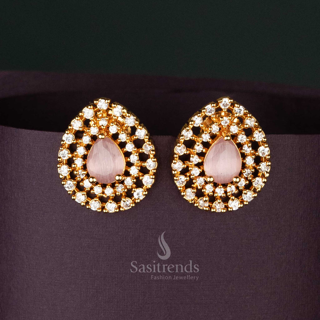 Glamorous Party Wear Gold-Plated American Diamond Teardrop Earrings with Beautiful Pink Stones for Special Occasions - Sasitrends