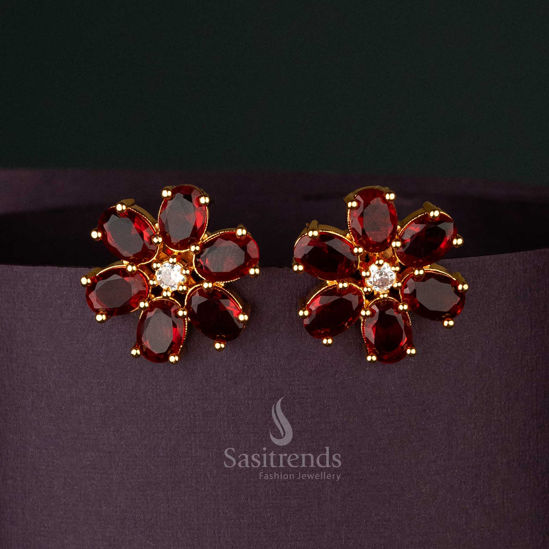 Radiant Ruby Stones Gold-Plated American Diamond Floral Stud Earrings, Ideal for Special Party Events - Sasitrends