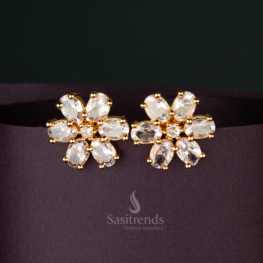 Classic White Stones Gold-Plated American Diamond Floral Stud Earrings for Elegant Party Occasions - Sasitrends