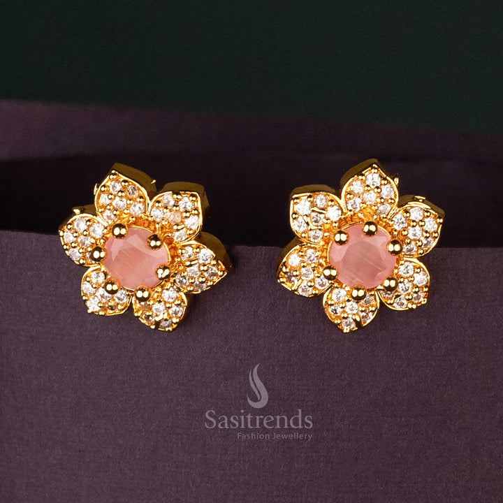 Stunning Gold-Plated Floral Stud Earrings with Pink Stones and American Diamonds, Perfect for Party Wear - Sasitrends