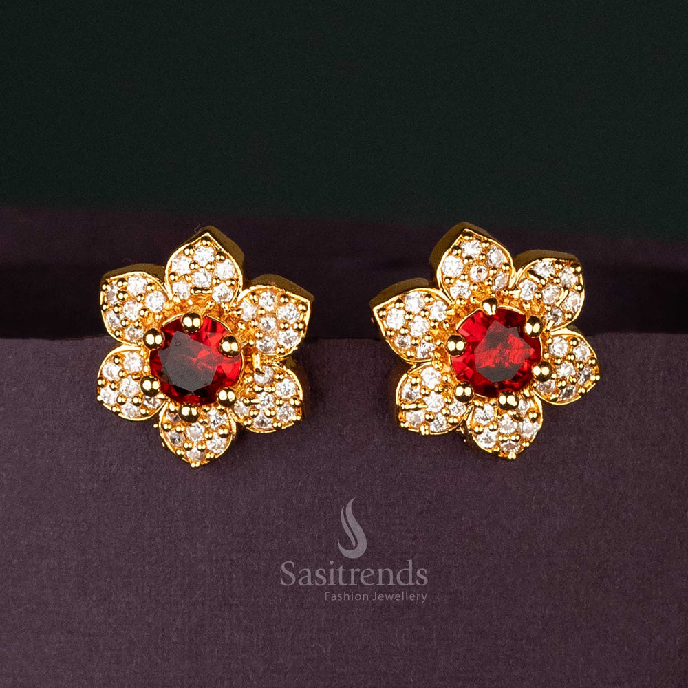 Glamorous Ruby Stones Gold-Plated American Diamond Floral Stud Earrings, a Perfect Accessory for Party Wear - Sasitrends