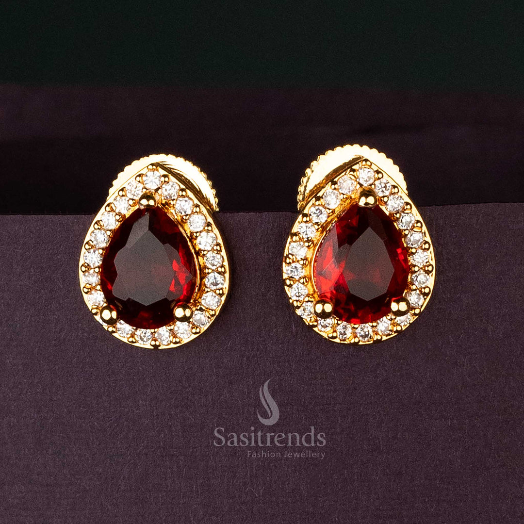 Sophisticated White and Ruby Gold-Plated American Diamond Oval Stud Earrings for Formal Occasions and Celebrations - Sasitrends