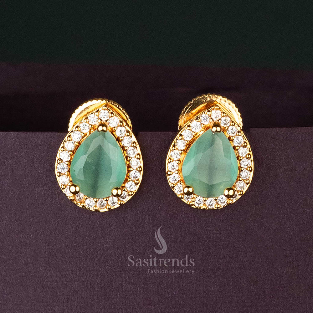 Radiant White and Mint Gold-Plated American Diamond Oval Stud Earrings, Ideal for Formal and Special Occasions - Sasitrends