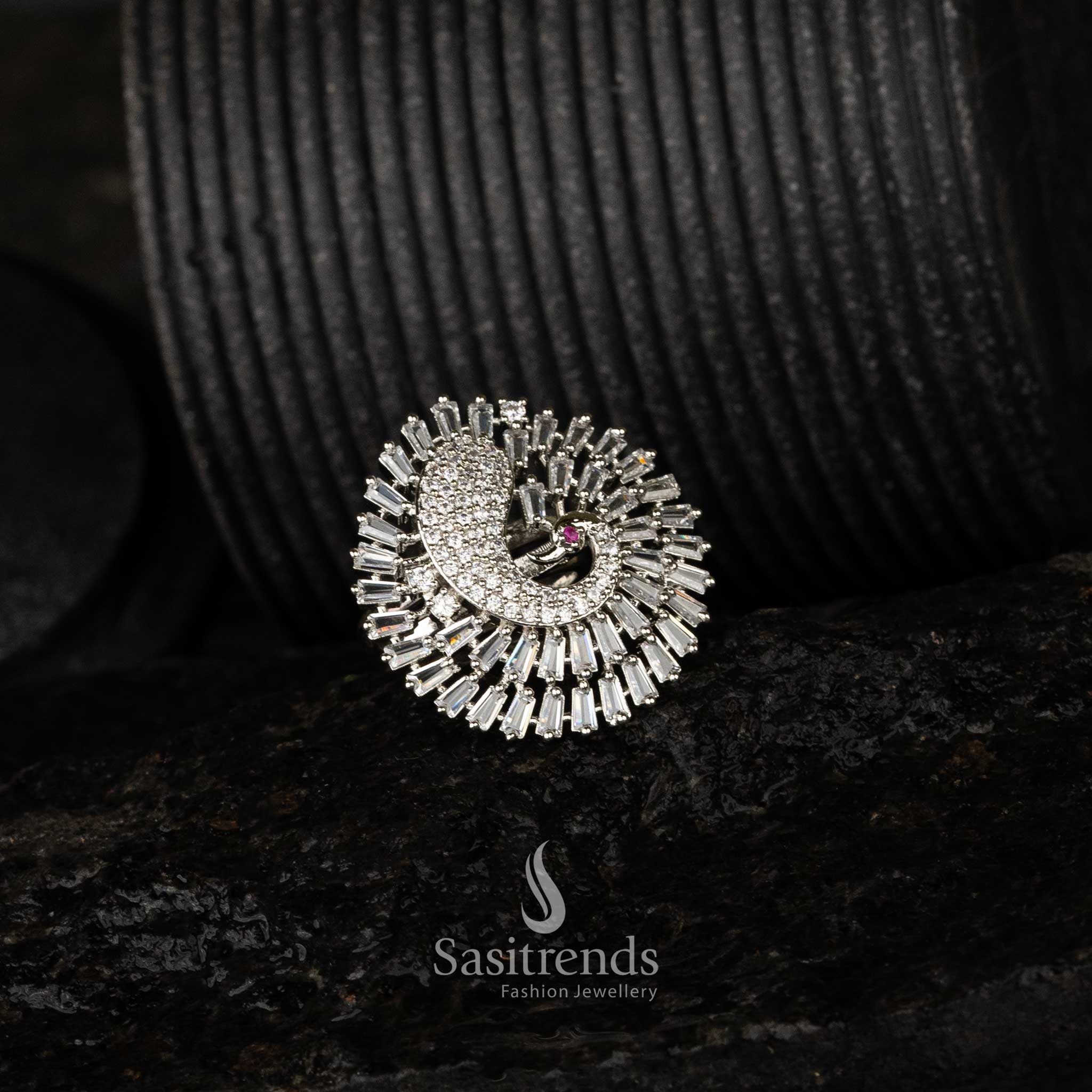 Sparkling Peacock Silver Rhodium Plated Zircon Adjustable Ring - Sasitrends
