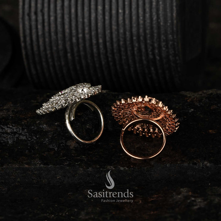 Brass Peacock Zircon rhodium silver rose gold plated Ring - Exquisite craftsmanship with CZ and AD American diamond embellishments - Sasitrends





