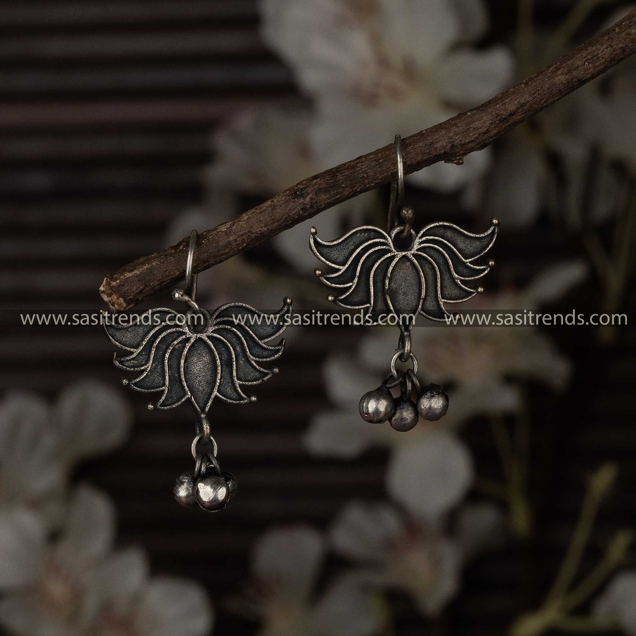 Handcrafted Oxidised silver lotus earrings for women, perfect for festive wear