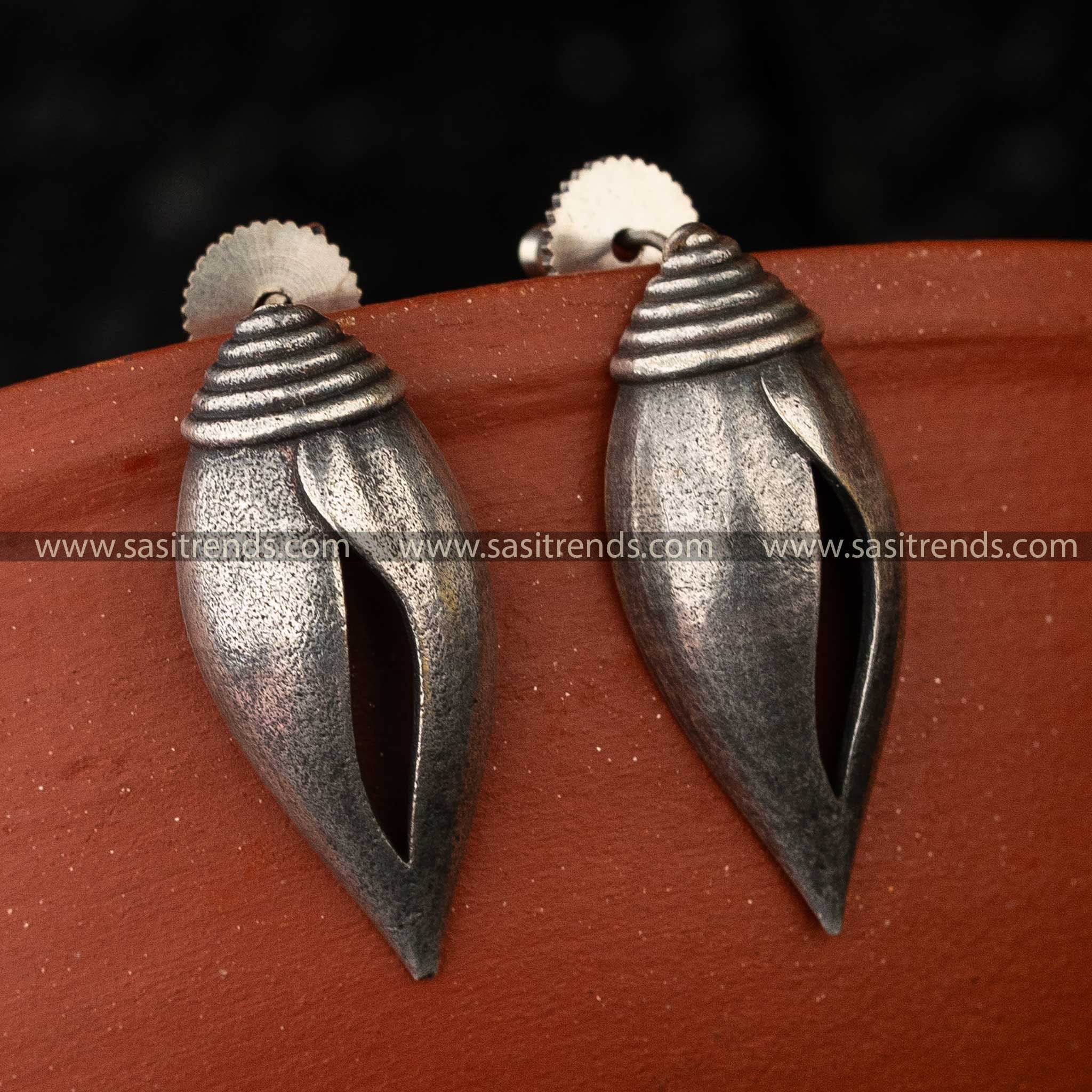 Silver look-alike oxidised Shell-Shaped Stud Earrings for Navarathiri