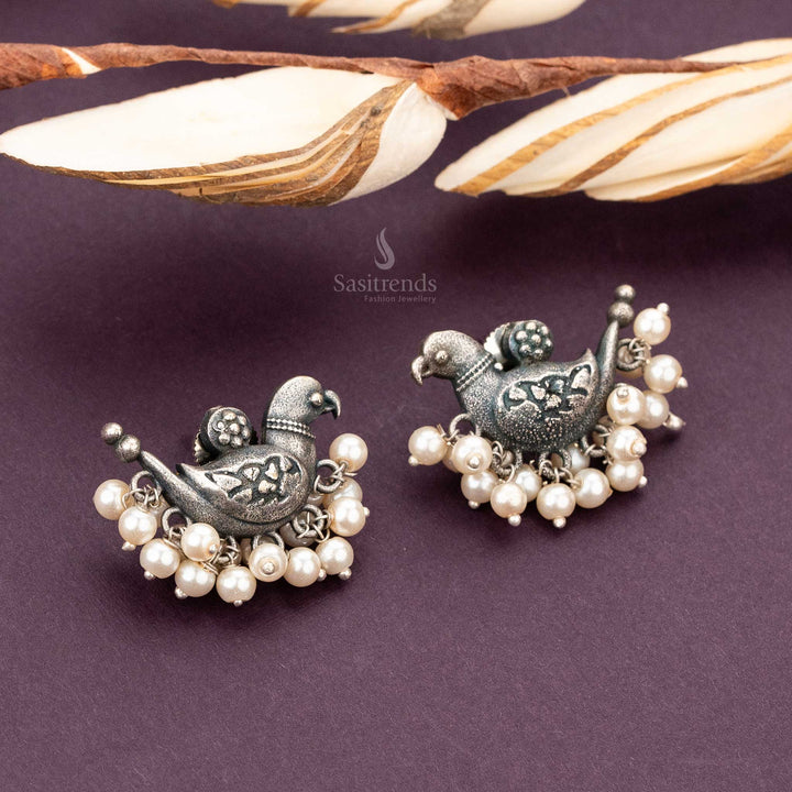 Ethnic Silver Plated Earrings with Bird and Pearl Detailing - Sasitrends