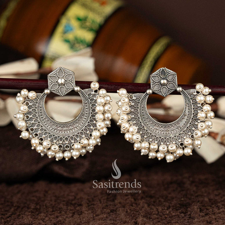 Intricate Oxidised Silver Relica Pearl Chandbali Earrings - Sasitrends