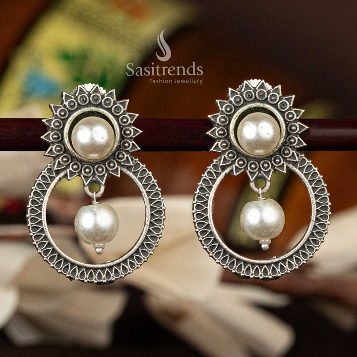 Vintage Oxidised Silver Replica Earrings with Pearl Drops - Sasitrends