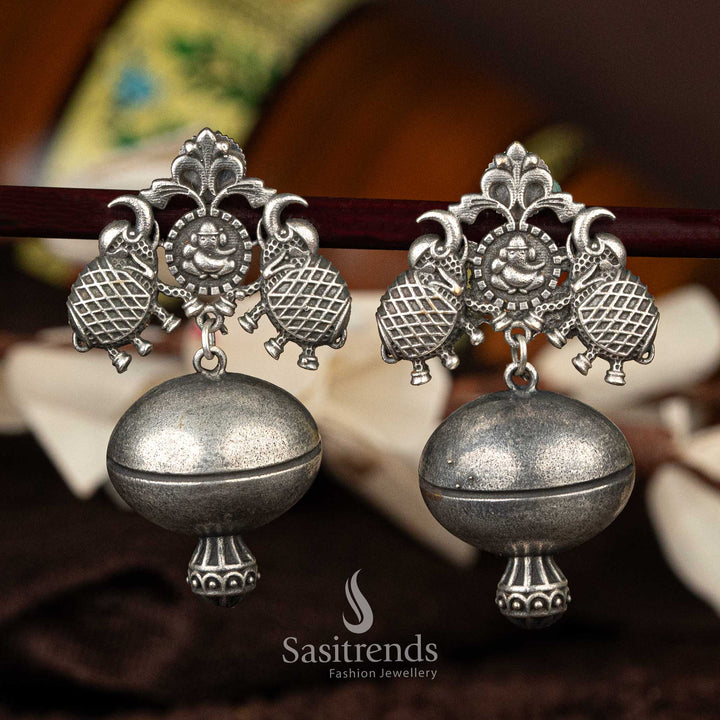 Ornate Oxidised Silver Replica Elephant Motif Dangle Earrings - Sasitrends